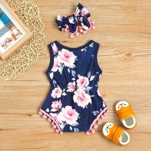 Two Piece Floral Print Tasseled Sleeveless Onsie and Bow Baby Set NWT